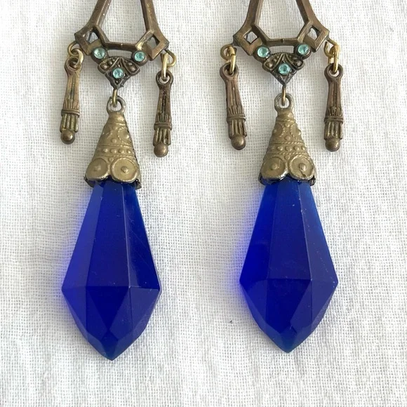 Vintage Czech Blue Glass, Brass & Rhinestone Art Deco Dangle Earrings - Picture 3 of 7